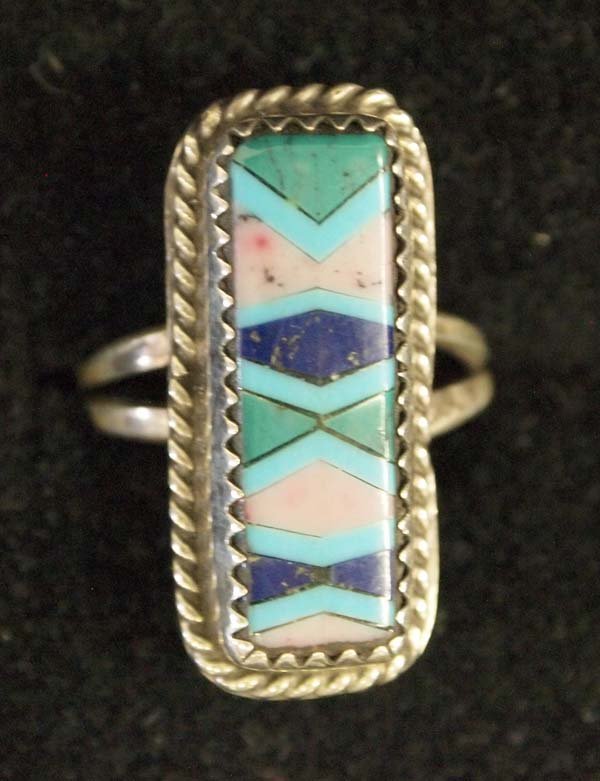 1970s Navajo Sterling Silver Inlay Ring, Size 6.25: 1970s Native America Navajo Sterling Silver Inlay Ring, Size 6.25, measures 1''L x 3/8''W, inlay includes turquoise, malachite, lapis, and abalone
