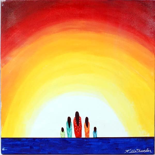 Original Acrylic Painting by Kathy Kills Thunder: Original Acrylic Painting ''Chowilawu'' (Joined Together by Water) by Kathy Kills Thunder, signed by artist and measures 20'' x 20'', Artist Bio: Kathleen Kills Thunder (her legal name) was born in 19