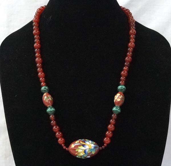 Carnelian and Cloissone Bead Necklace: Carnelian and Cloissone Bead Necklace, measures 26'' end to end
