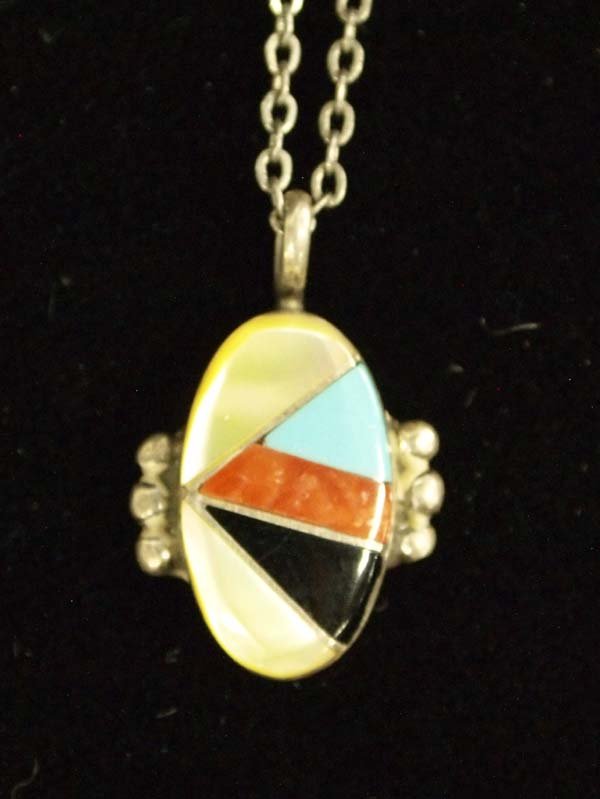 1960s Zuni Sterling Silver Inlay Pendant Necklace (1 of 5)