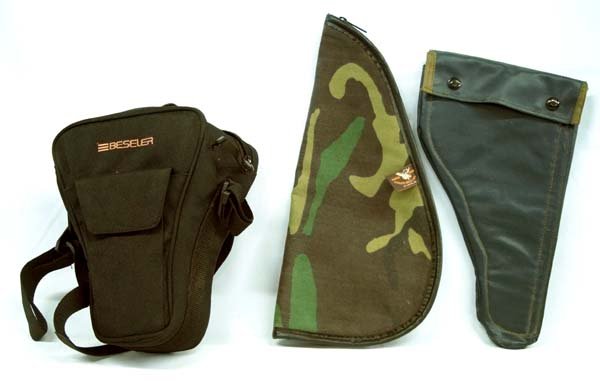 3 Gun Holsters: 3 Gun Holsters, longest measures 15'' x 7'', includes Moose Brand Brauer Bros. Mfg. Co. and a Bessler