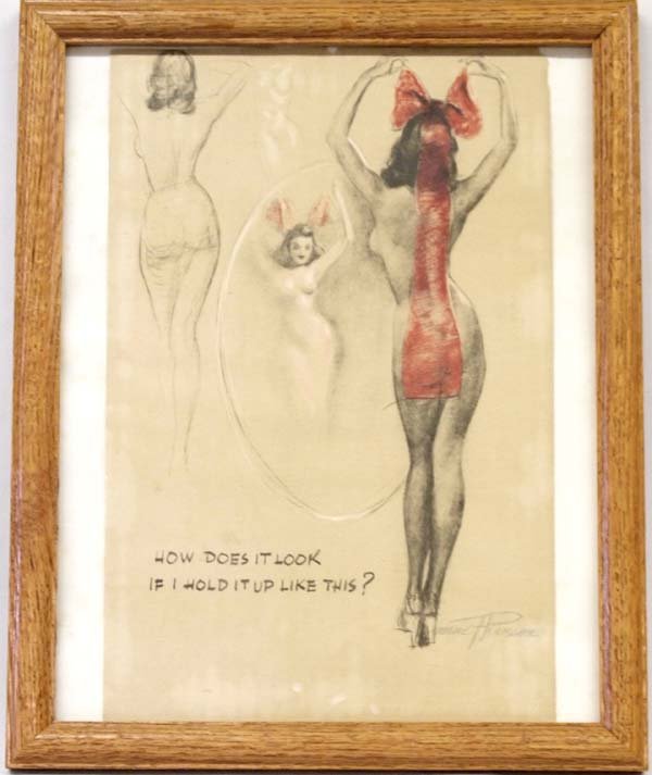 Original Nude Pinup Drawing by Earl Macpherson: Original Nude Drawing by Earl MacPherson 1910-1993, measures 9'' x 14'', signed by artist, framed and under glass, FYI: Earl MacPherson joined the staff of Brown and Bigelow the calendar publishers in