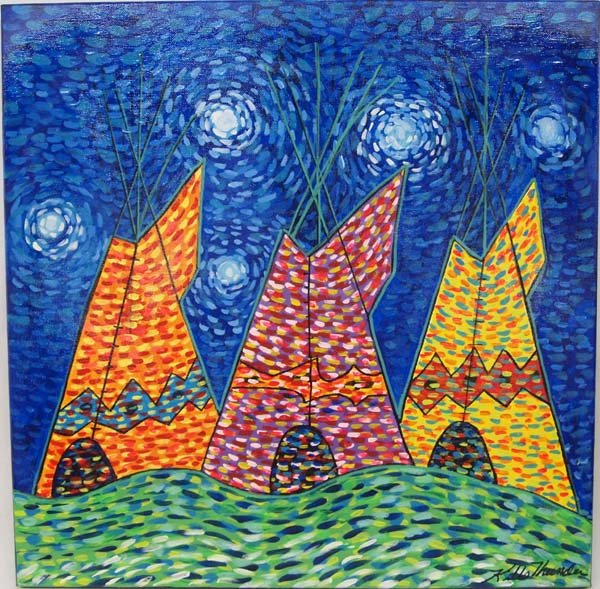 Original Acrylic Painting by Kathy Kills Thunder: Original Acrylic Painting ''Adahy'' (Lives in the Woods) by Kathy Kills Thunder, measures 20'' x 20'' and is signed by artist, Artist Bio: Kathleen Kills Thunder (her legal name) was born in 1947 in S