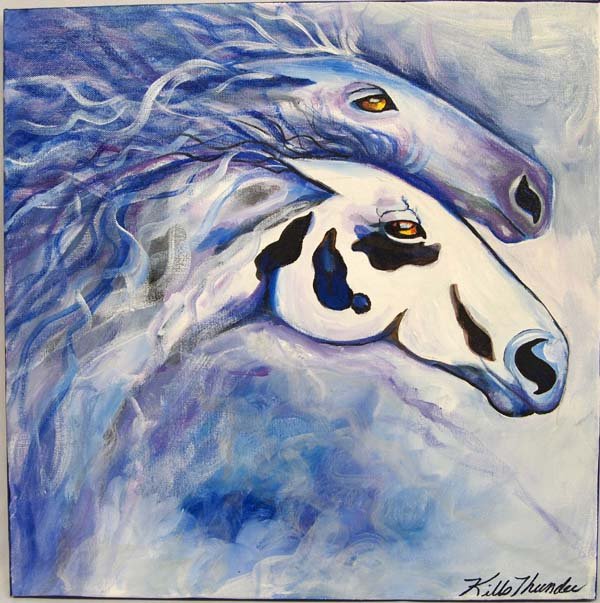 Original Acrylic Painting by Kathy Kills Thunder: Original Acrylic Painting ''Achaks'' (Spirits) by Kathy Kills Thunder, measures 20'' x 20'', signed by artist, Artist Bio: Kathleen Kills Thunder (her legal name) was born in 1947 in Seattle, WA. Her 