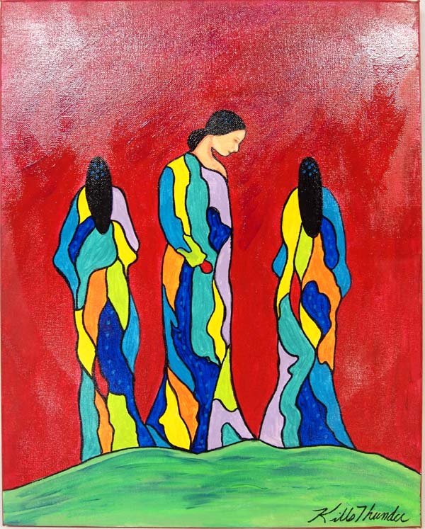 Original Acrylic Painting by Kathy Kills Thunder: 2016 Original Acrylic Painting ''Wyanet'' (Beautiful) by Kathy Kills Thunder, measures 16'' x 20'', signed by artist, Artist Bio: Kathleen Kills Thunder (her legal name) was born in 1947 in Seattle, W