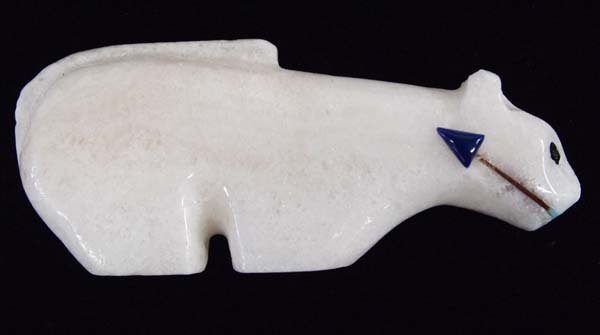 Native American Navajo Alabaster Bear Fetish: Native American Navajo Alabaster Bear Fetish, Lapis Heartline, measures 1.5''H x 3.5''L