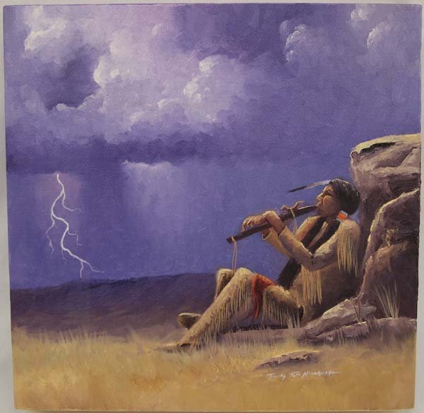 Comanche Oil Painting by Timothy Tate Nevaquaya: Original Native American Comanche Oil Painting by Timothy Tate Nevaquaya, measures 12'' square, signed by artist, FYI: Timothy Tate Nevaquaya is a Comanche artist, veteran, and minister from Apache, O