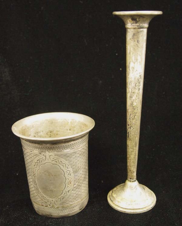 Estate Sterling Silver Bud Vase and Cup: Estate Sterling Silver Bud Vase and Cup, vase measures 6.5''H, vase is hallmarked Old Wallingford Sterling Cement Filled Reinforced M33, the cup is marked with an early 1800s hallmark of WD or WB