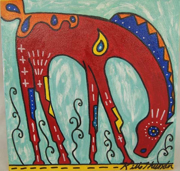 Original Acrylic Painting by Kathy Kills Thunder: Original Acrylic Painting ''Ruby'' by Kathy Kills Thunder, signed by artist and measures 10'' x 10'', Artist Bio: Kathleen Kills Thunder (her legal name) was born in 1947 in Seattle, WA. Her father, B