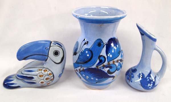 3 Mexican Tonala Blue Art Pottery Pieces (1 of 3)