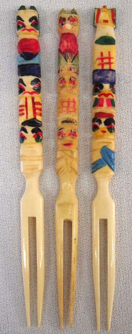 3 Vintage Carved Bone Totem Pole Picks: 3 Vintage Carved Bone Totem Pole Picks, hand carved and painted, measure 5''L