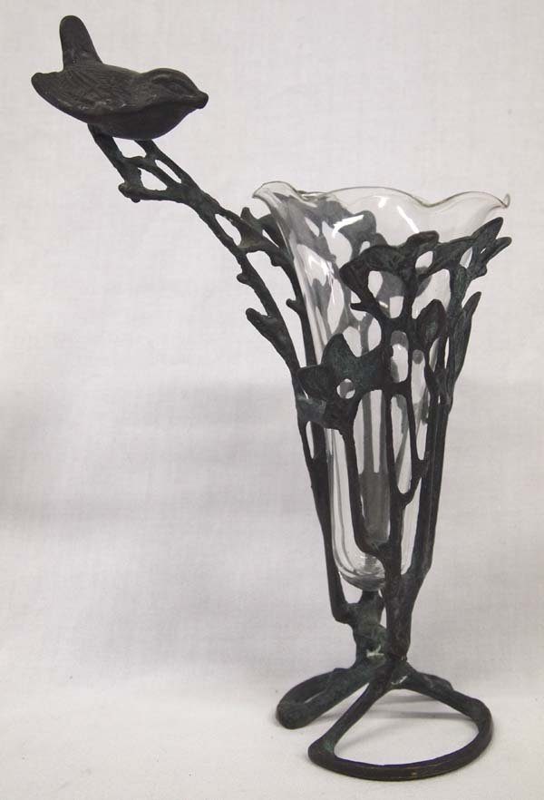 Victorian Cast Metal Bird Glass Vase Holder: Victorian Cast Metal Bird Glass Vase Holder, measures 9'' x 12''H