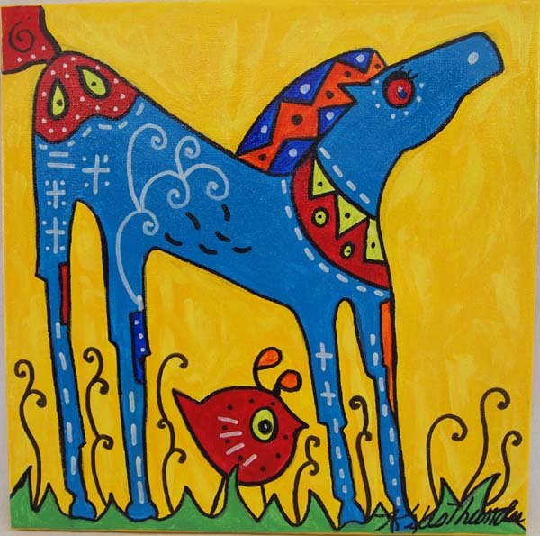 Original Acrylic Painting by Kathy Kills Thunder: Original Acrylic Painting ''Cornflower'' by Kathy Kills Thunder, measures 10'' x 10'', signed by artist, Artist Bio: Kathleen Kills Thunder (her legal name) was born in 1947 in Seattle, WA. Her father