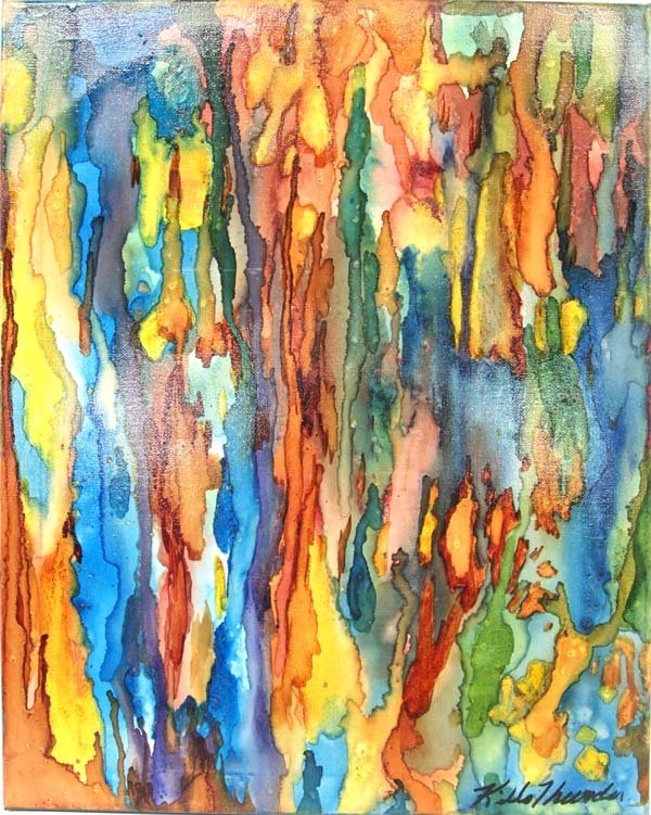 Original Acrylic Painting by Kathy Kills Thunder: Original Acrylic Painting ''Waterfall of Colors'' by Kathy Kills Thunder, signed by artist and measures 16'' x 20'', Artist Bio: Kathleen Kills Thunder (her legal name) was born in 1947 in Seattle, WA