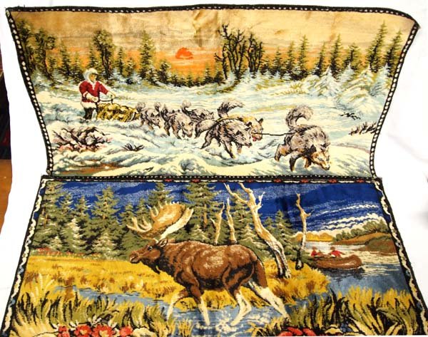 Pair of Velvet Animal Tapestries: Pair of Velvet Animal Tapestries, measures 40'' x 20'', 1 features moose and the other features Iditarod Sled and Musher