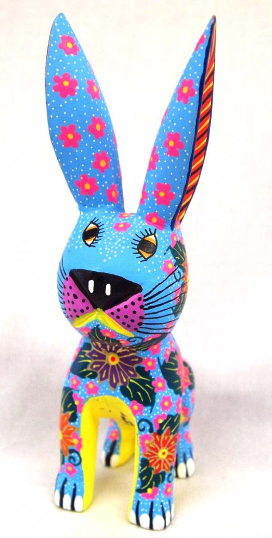 Mexican Oaxacan Alebrije Rabbit by M. J. Ojeda: Mexican Oaxacan Alebrije Rabbit by Maria Jimenez Ojeda, measures 3''L x 6''H x 2''Deep, signed by artist and vibrantly painted