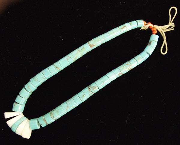 Native American Navajo Turquoise Jocla: Native American Navajo Turquoise Jocla with White Shell and Turquoise Corn Beads and Coral Accent Beads, string tied, measures 13'' end to end, FYI: ''Jocla (Jacla) is Navajo for ear string, A traditi