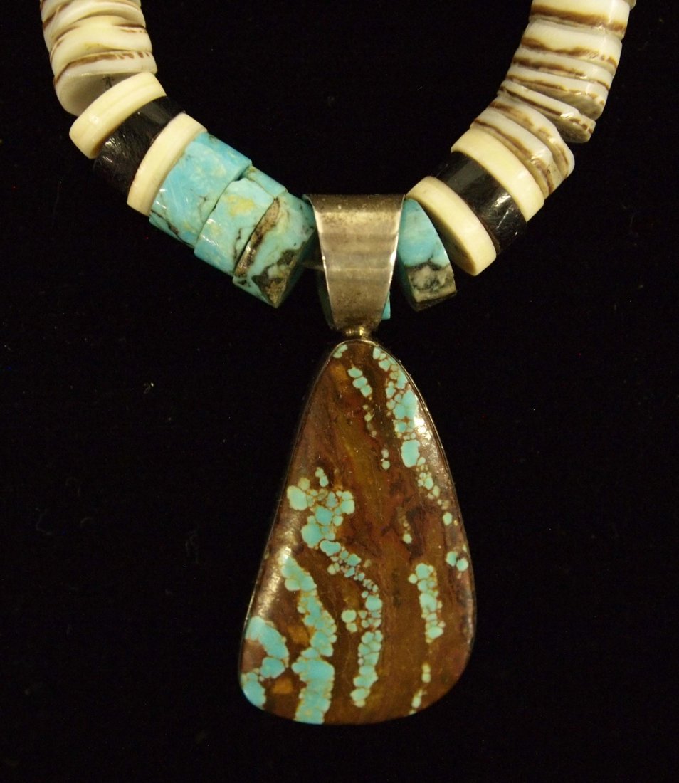 Navajo Heishi Necklace with Turquoise Pendant, Lee: Native American Navajo Heishi Necklace with Turquoise Pendant by Milton Lee, pendant measures 1.5'' x 1'', choker measures 13'' end to end, pendant is hallmarked and stamped sterling, sterling clasp