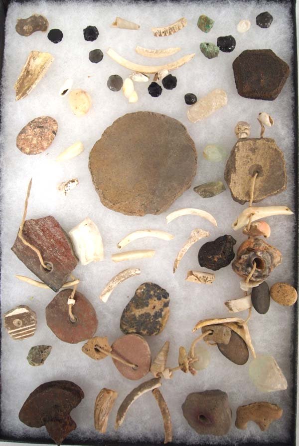 Prehistoric Native American Jewelry and Findings: Prehistoric Native American Jewelry and Findings, largest measures 3'' x 3'', these items were found on the Mangus Ranch in New Mexico, includes pottery pendants and whorls, pieces of shell bracelets,