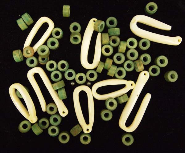 Inuit Carved Bone Ivory Hook Beads + Green Beads: Native American Canadian Inuit Carved Bone Ivory Hook Beads and Green Beads, largest measure 2''L