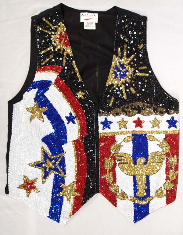 Fashion Fantasy Sequined Patriotic Vest: Fashion Fantasy Sequined Patriotic Vest, size L, dry clean only, 80% cotton and 20% rayon, made in Indonesia