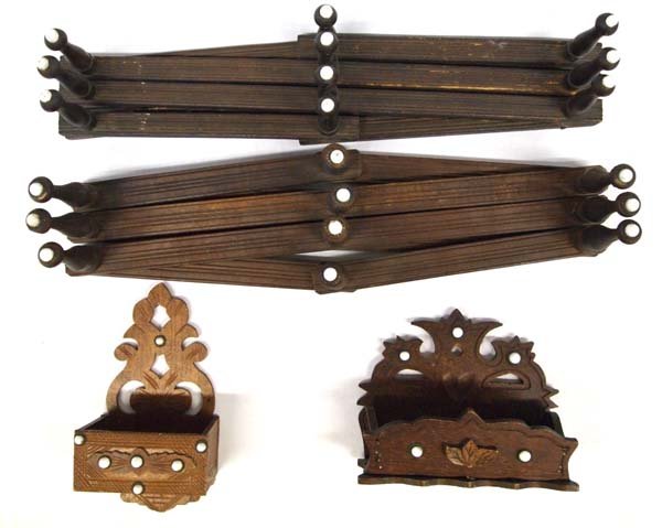 Turn of the Century 4pc Pennsylvania Dutch Hat Rack: Turn of the Century 4pc Pennsylvania Dutch Hat Rack and Shelves, all fretted and decorated with porcelain knobs. One of the key boxes has writing on the back in pencil, a ladies name, dated August 188
