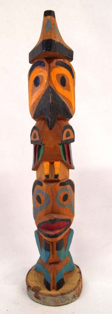 Native American Northwest Coast Wood Totem Pole: Native American Northwest Coast Carved Wood Totem Pole, hand painted and measures 8.5''H x 1.75''W x 1.75''Deep