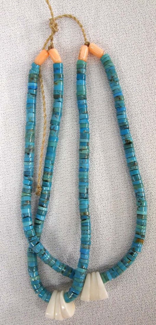 Native American Navajo Turquoise Heishi Joclas: Native American Navajo Turquoise Heishi Joclas, embellished with pink shell accent beads and white shell corn beads, measure 6'' end to end, FYI: ''A traditional Pueblo jewelry adornment, a jacla is t