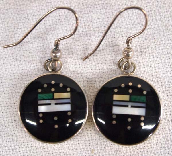 Navajo Sterling Inlay Earrings by Jimmie Harrison: Native American Navajo Sterling Inlay Earrings by Jimmie Harrison (1952-present), measure .75''D