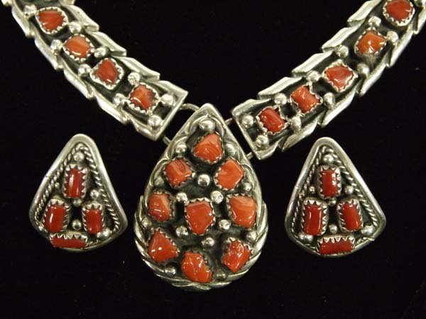 Navajo Sterling and Coral Necklace and Earrings (1 of 6)
