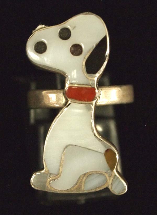 Zuni Sterling Channel Inlay Snoopy Ring, Size 4.5: Native American Zuni Sterling Silver Channel Inlay Snoopy Ring, Size 4.5, measures 1 1/8'' x .5''W