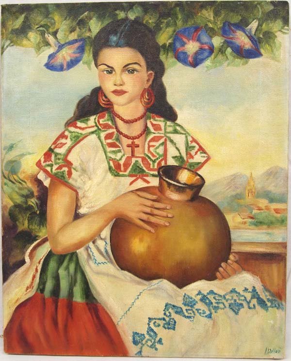 Original Oil on Canvas Senorita with Olla by Dillon: Vintage Original Oil on Canvas Senorita with Olla by L. Dillon, measures 17'' x 20'', very beautiful work of art