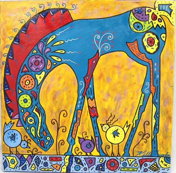 Original Acrylic Painting by Kathy Kills Thunder: Original Acrylic Painting ''Cyan'' by Kathy Kills Thunder, signed by artist and measures 20'' x 20'', nice bright palette, Artist Bio: Kathleen Kills Thunder (her legal name) was born in 1947 in Seatt