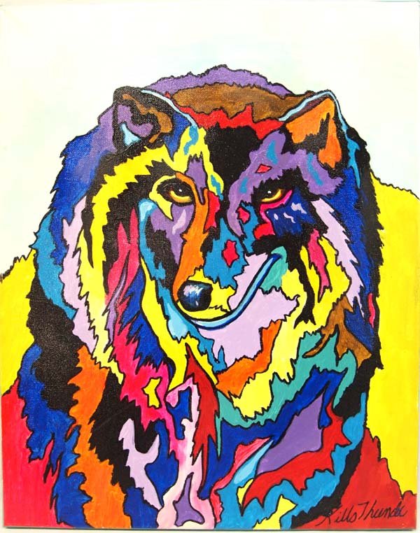 Original Acrylic Painting by Kathy Kills Thunder: Original Acrylic Painting ''Kiyiya'' (Howling Wolf) by Kathy Kills Thunder, signed by artist and measures 16'' x 20'', vibrant color palette, Artist Bio: Kathleen Kills Thunder (her legal name) was bo