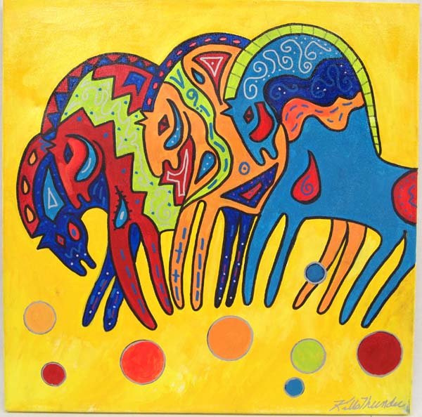 Original Acrylic Painting by Kathy Kills Thunder: Original Acrylic Painting ''Tres Caballos'' by Kathy Kills Thunder, signed by artist and measures 20'' x 20'', nice vibrant pallette, Artist Bio: Kathleen Kills Thunder (her legal name) was born in 19