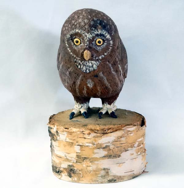 1997 Carved Birch Saw Whet Owl on Birch Wood Base (1 of 3)