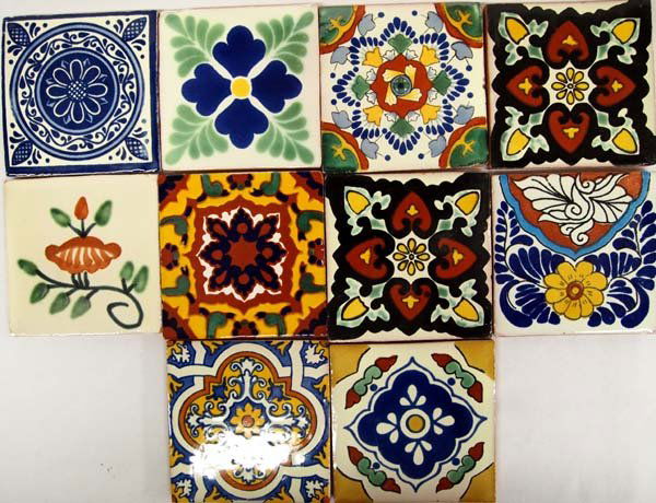 10 Mexican Tiles of Different Designs: 10 Mexican Tiles of Different Designs. These colorful tiles measure 4'' x 4''. They make great coasters.