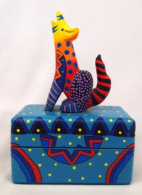 Carved Wood Coyote Box: Carved Wood Coyote Box, measures 8.5'' x 5.5'' x 3'', vibrantly painted, hinged, Sweet!!!