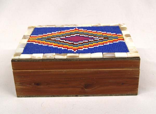 Hand Beaded Box by Kills Thunder.: Hand Beaded Box by Kills Thunder. Lined inside on the bottom with velvet, this piece measures 8''L x 6''W x 3''T. Kathleen Kills Thunder was born in Seattle, Washington. Kathy has been painting and be