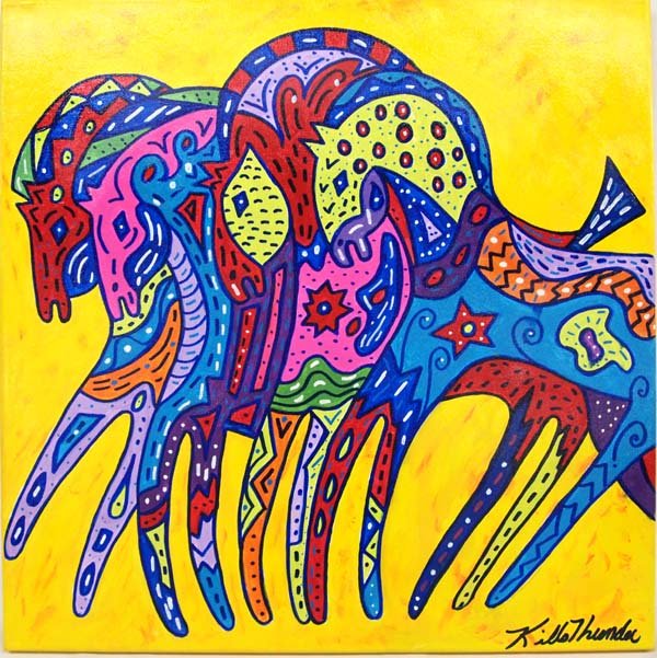 Original Acrylic Painting by Kathy Kills Thunder: Original Acrylic Painting ''Caballos'' by Kathy Kills Thunder, measures 20'' x 20'' and is signed by artist, Artist Bio: Kathleen Kills Thunder (her legal name) was born in 1947 in Seattle, WA. Her fa