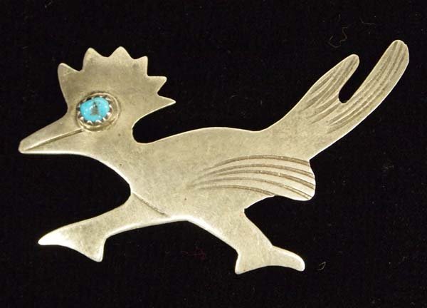 1950's Navajo Silver Turquoise Roadrunner Pin: Navajo Silver Turquoise Roadrunner Pin by J.B. Platero (active since 1990's), measures 1.5''H x 2''L