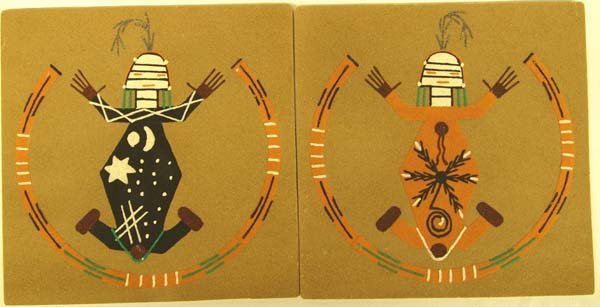 Pair of Native American Navajo Sand Paintings: Pair of Native American Navajo Sand Paintings by Walter H. Chee of Sheep Spring, New Mexico. Made with ground natural color stone, One is titled ''Mother Earth (Rainbow)'' and the other is ''Father Sk