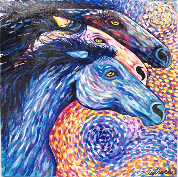Original Acrylic Painting by Kathy Kills Thunder: Original Acrylic Painting ''Nashashuk'' (Thundering) by Kathy Kills Thunder, measures 20'' x 20, signed by artist, nice vibrant palette, Artist Bio: Kathleen Kills Thunder (her legal name) was born in
