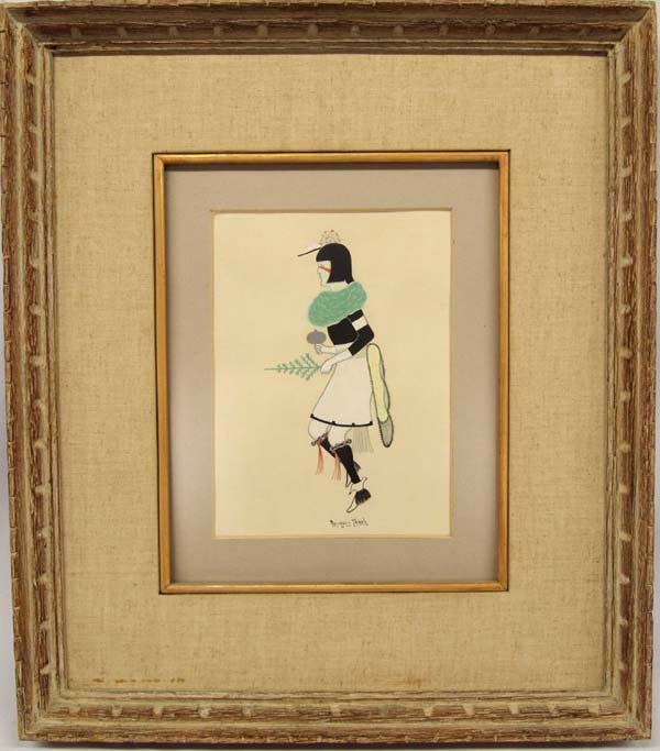Original San Ildefonso Painting by Tomacito Vigil: Original Vintage Native Americam San Ildefonso Painting ''Swallow Dancer'' by Tomacito Vigil (Po-qui-Tsireh) age 13, visual measures 5.5'' x 7.5'', framed, matted, and under glass