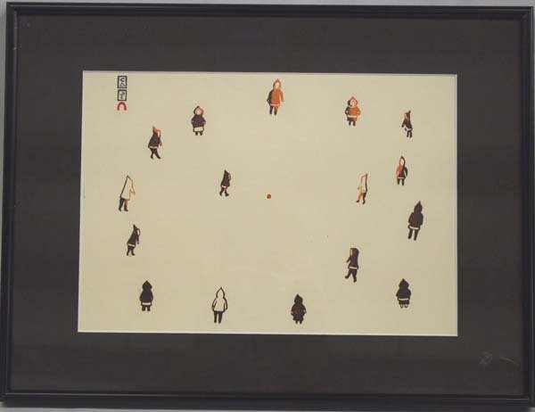 Canadian Inuit Silkscreen by Pitalouisa Saila: Native American Canadian Inuit Silkscreen Print ''Inuit Ball Game'' by Pitaloosie Saila (b. 1942) Cape Dorset, Nunavut Territory, Canada, visual measures 8'' x 11'', FYI: ''Pitaloosie was born in 1942