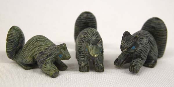 Carved Soapstone Miniature Squirrel Family: Carved Soapstone Miniature Squirrel Family. There are three squirrels in this family and they measure 1.5'' x 1.25'', all have been glued (repaired).