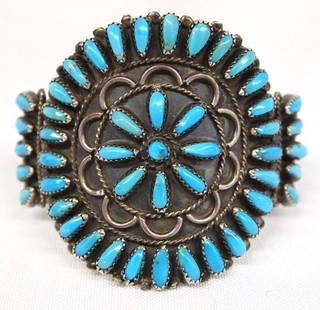 Navajo Silver Petit Point Turquoise Bracel: Vintage Native American Navajo Silver Petit Point Turquoise Cluster Bracelet by Paul Johnson, Bisbee Blue Turquoise, inside measures 6.5'' which includes opening x 2.5''W, hallmarked, 56.02g in total