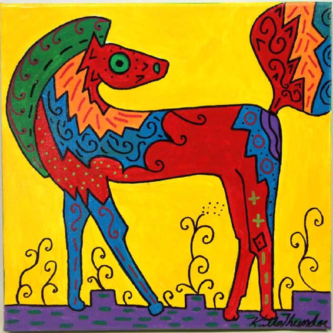 Original Acrylic Painting by Kathy Kills Thunder: Original Acrylic by Kills Thunder. Titled ''Carmine'' this vivid piece measures 12'' x 12''. Kathleen Kills Thunder was born in Seattle, Washington. Kathy has been painting and beading since she was s