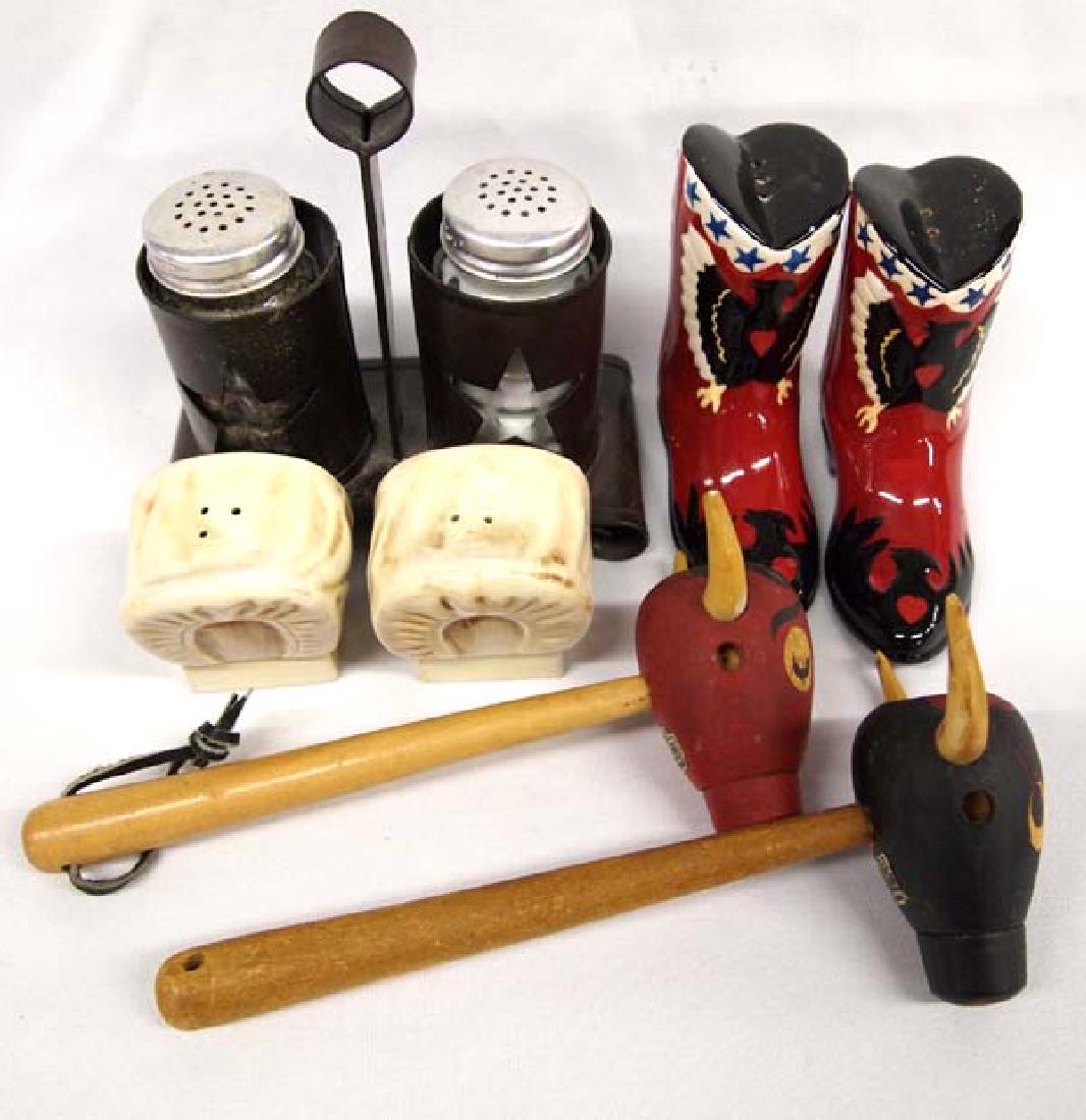 4 Sets of Western Salt & Pepper Shakers: 4 Sets of Western Salt & Pepper Shakers, largest measures 7''L x 2.5''H x 3''W, Connestoga Wagon Shakers are marked Fiji, and the Bull Shakers are marked Napco Originals by Giftcraft and appear to be 