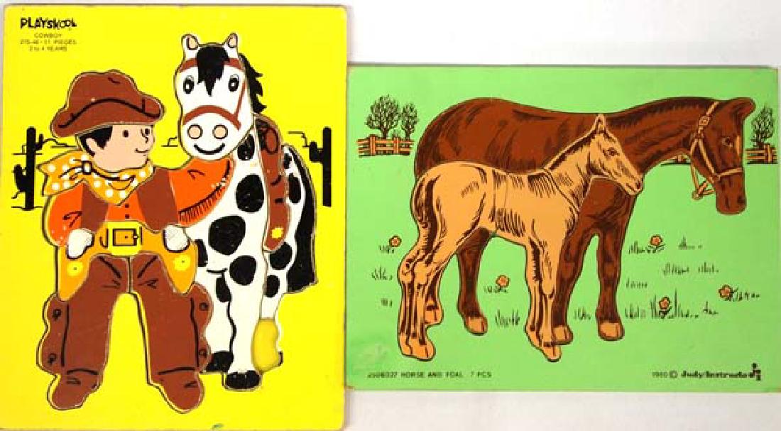 2 Vintage Children's Wood Puzzles: 2 Vintage Children's Wood Puzzles, measures 12''L x 9''W, one is a Judy Instructo mare and foal (J506027) and the other is a Playskool cowboy and horse (one of the pieces is broken off)